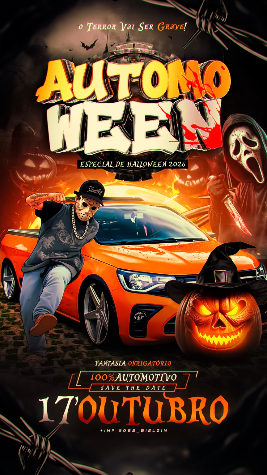 Flyer oficial do AUTOMOWEEN, com carro laranja, personagens de Halloween e a data 17 de outubro